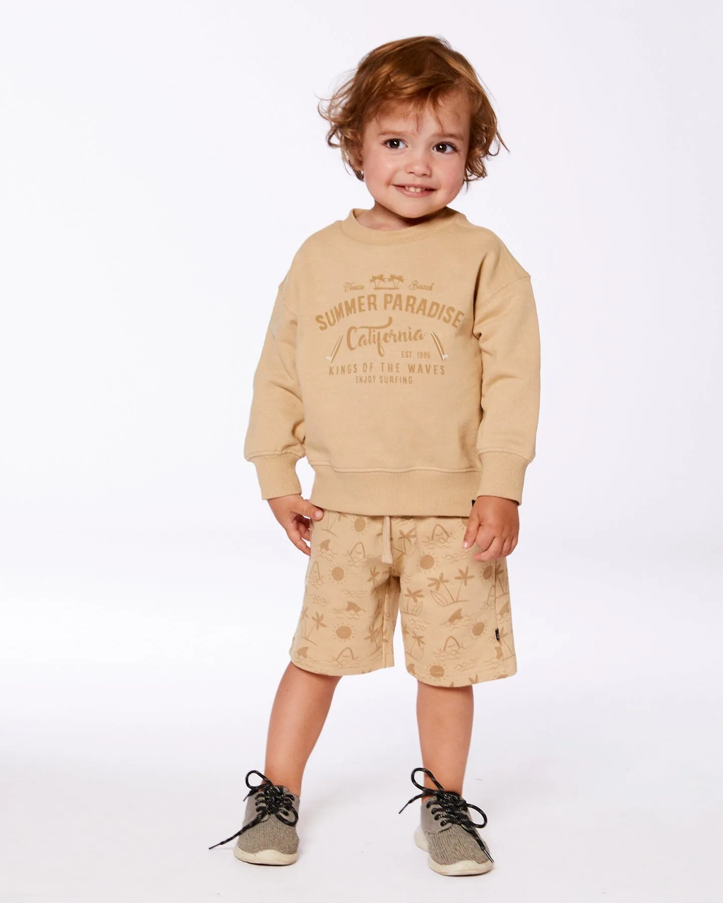 Printed French Terry Short Beige With Palm Trees