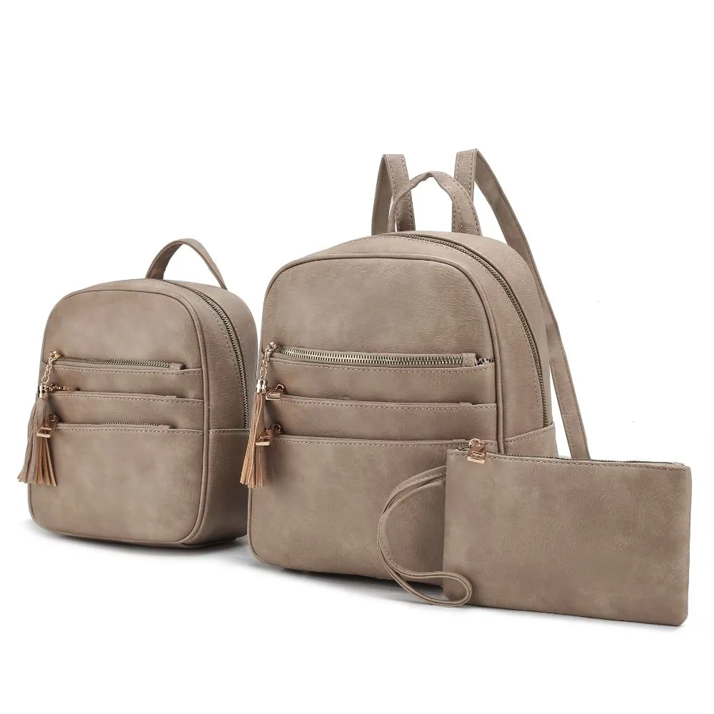 Roxane Vegan Leather Womens Backpack with Mini Backpack and Wristlet Pouch- 3 pieces