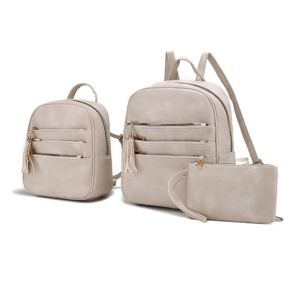 Roxane Vegan Leather Womens Backpack with Mini Backpack and Wristlet Pouch- 3 pieces