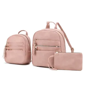 Roxane Vegan Leather Womens Backpack with Mini Backpack and Wristlet Pouch- 3 pieces