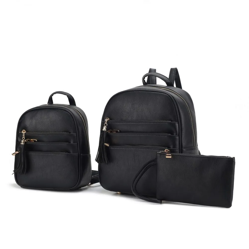 Roxane Vegan Leather Womens Backpack with Mini Backpack and Wristlet Pouch- 3 pieces
