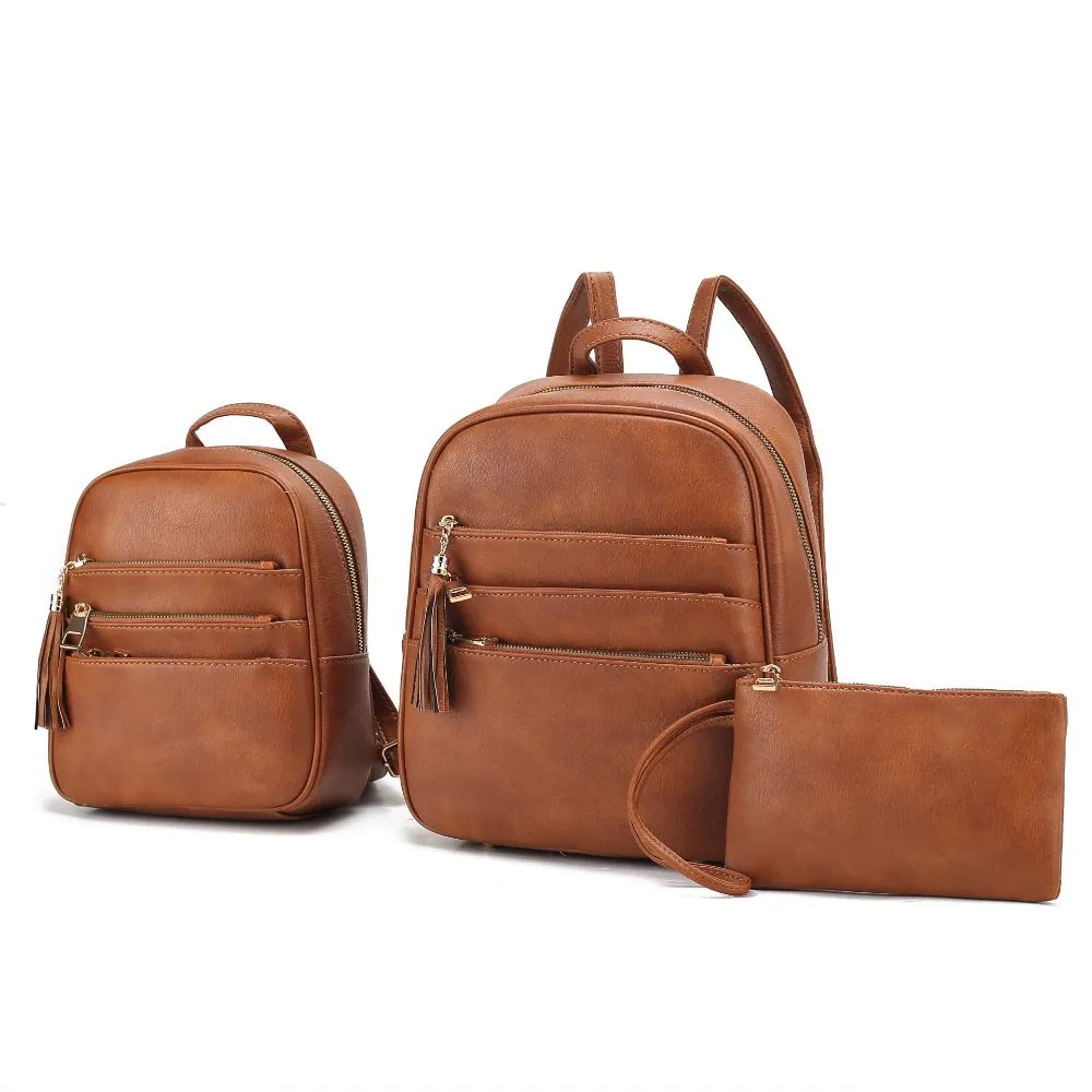 Roxane Vegan Leather Womens Backpack with Mini Backpack and Wristlet Pouch- 3 pieces