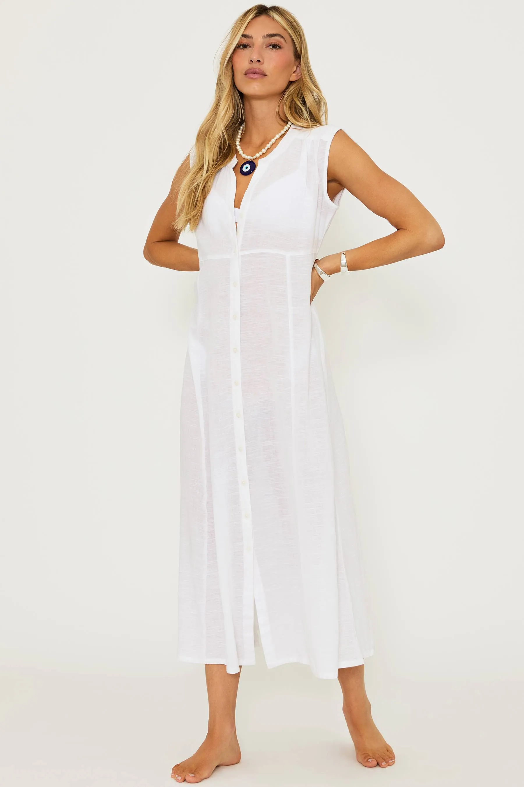 Sandra Dress White Linen Beach Riot