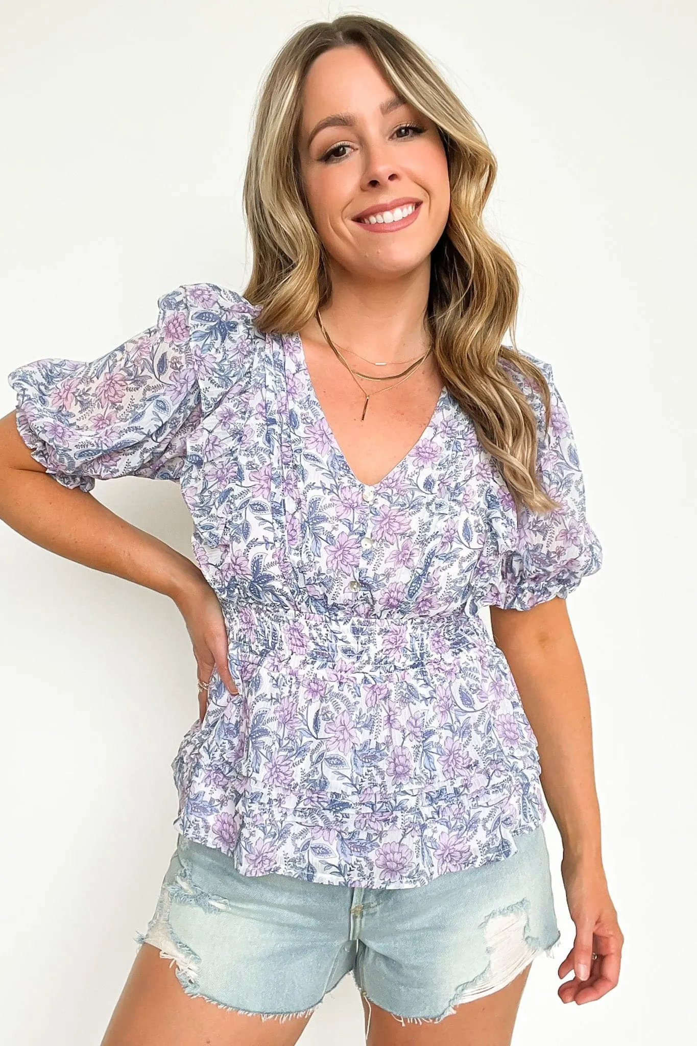 Sherrie Floral Pleated Smocked Waist Top - FINAL SALE