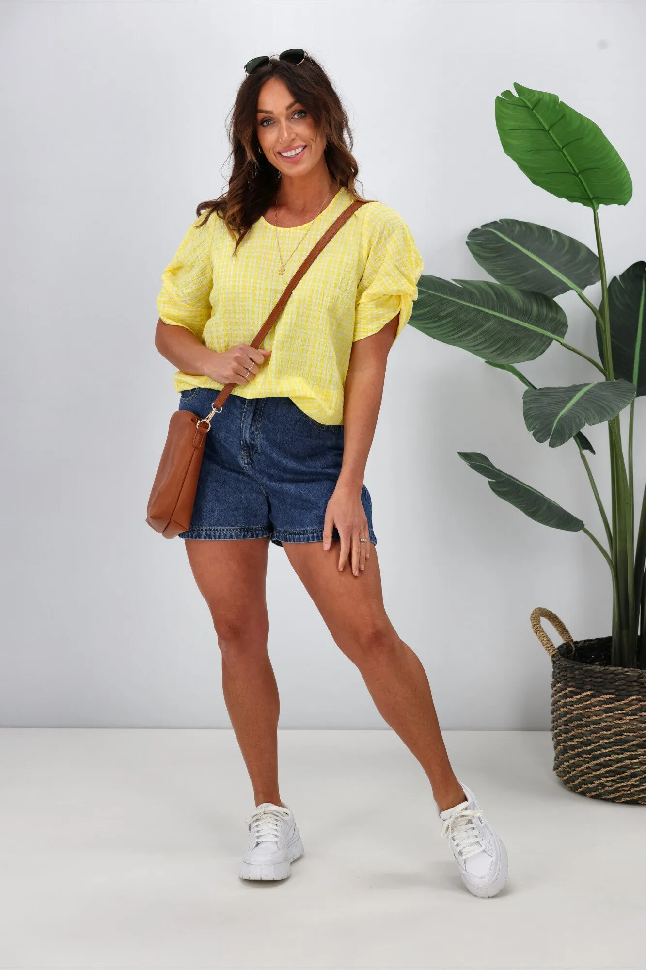 Shine On Label Johanna Twist Sleeve Checked Top Yellow