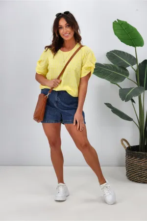Shine On Label Johanna Twist Sleeve Checked Top Yellow