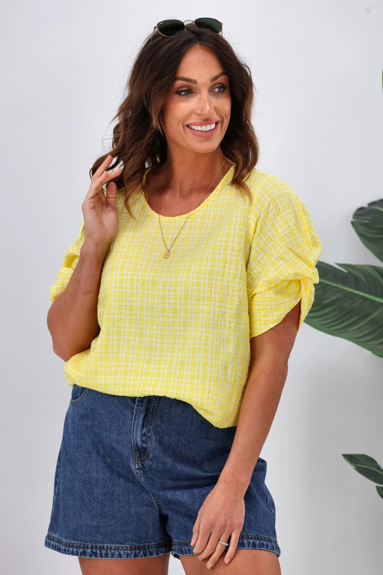 Shine On Label Johanna Twist Sleeve Checked Top Yellow