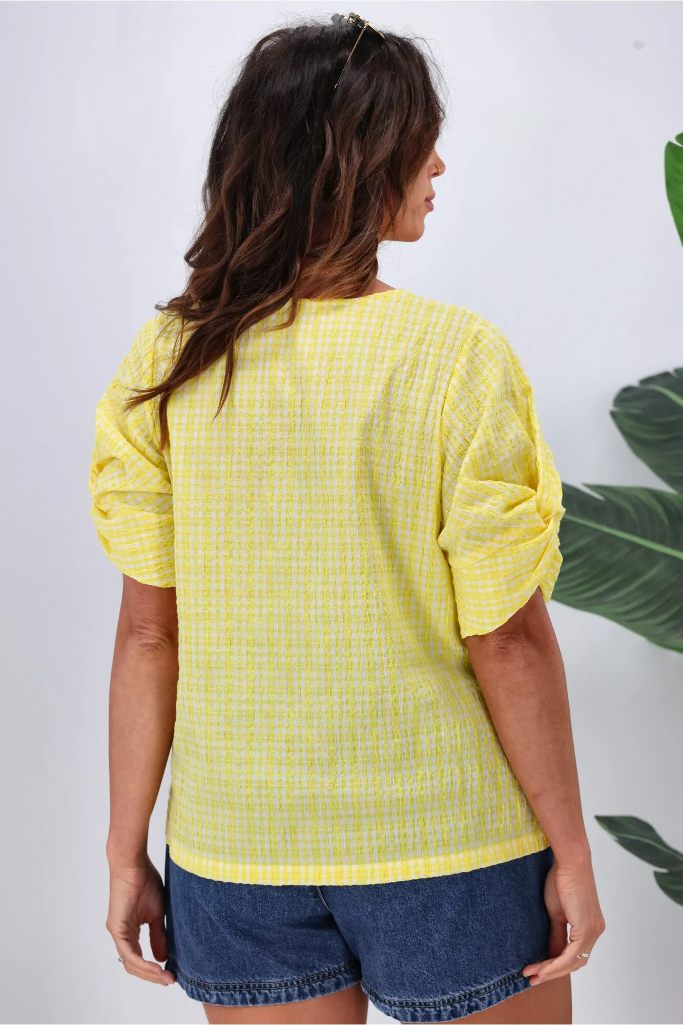Shine On Label Johanna Twist Sleeve Checked Top Yellow