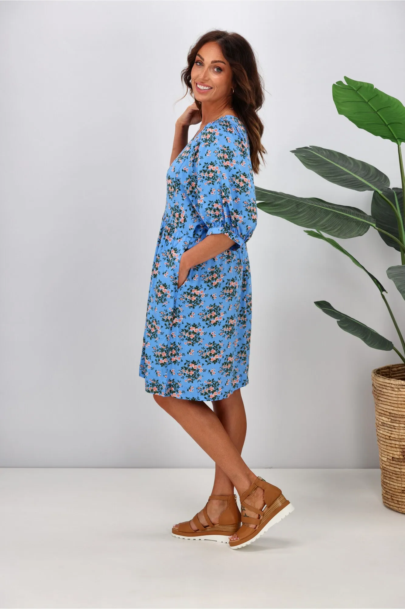 Shine On Label Nova Puff Sleeve Dress Blue Ditsy