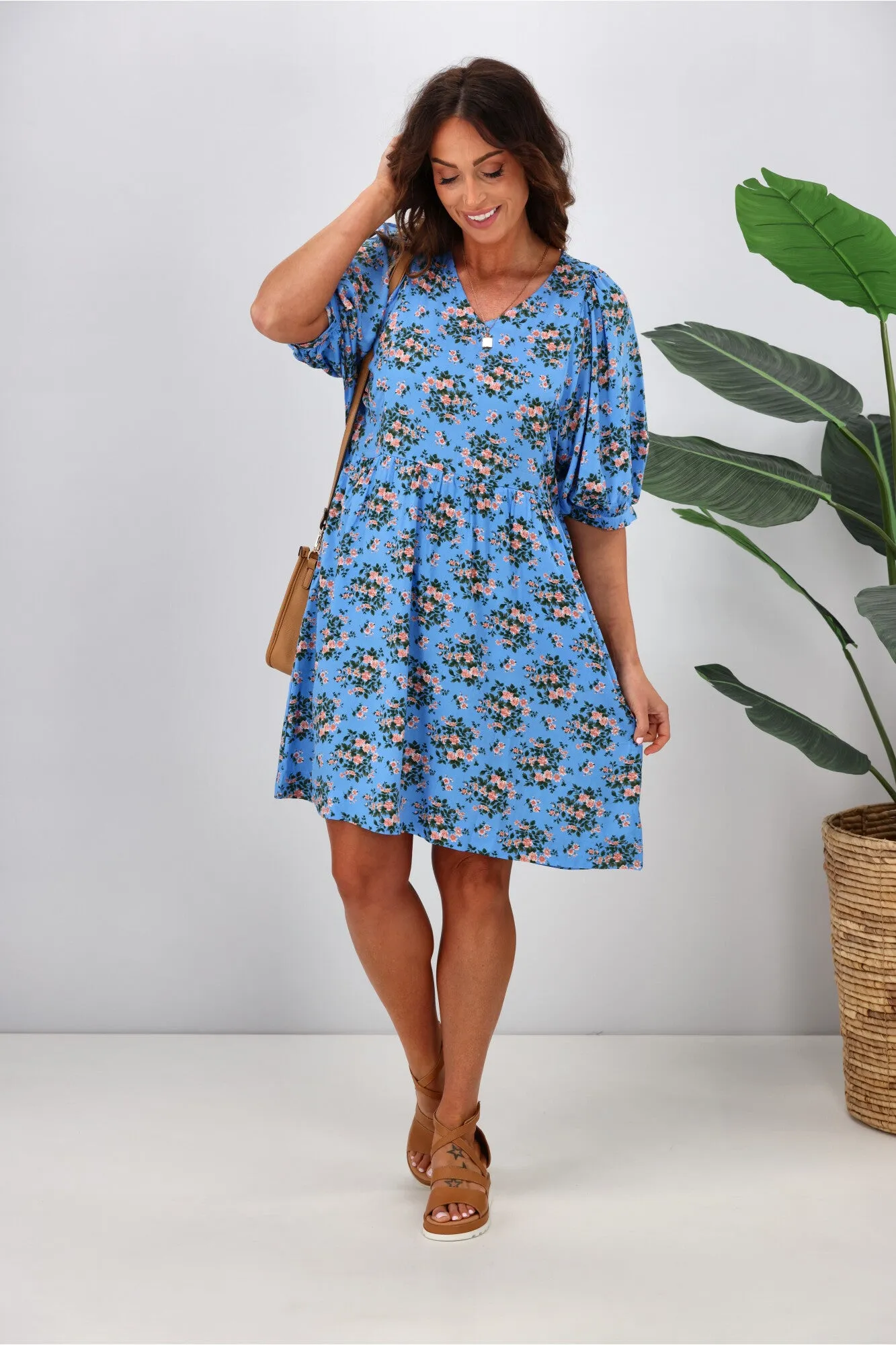 Shine On Label Nova Puff Sleeve Dress Blue Ditsy