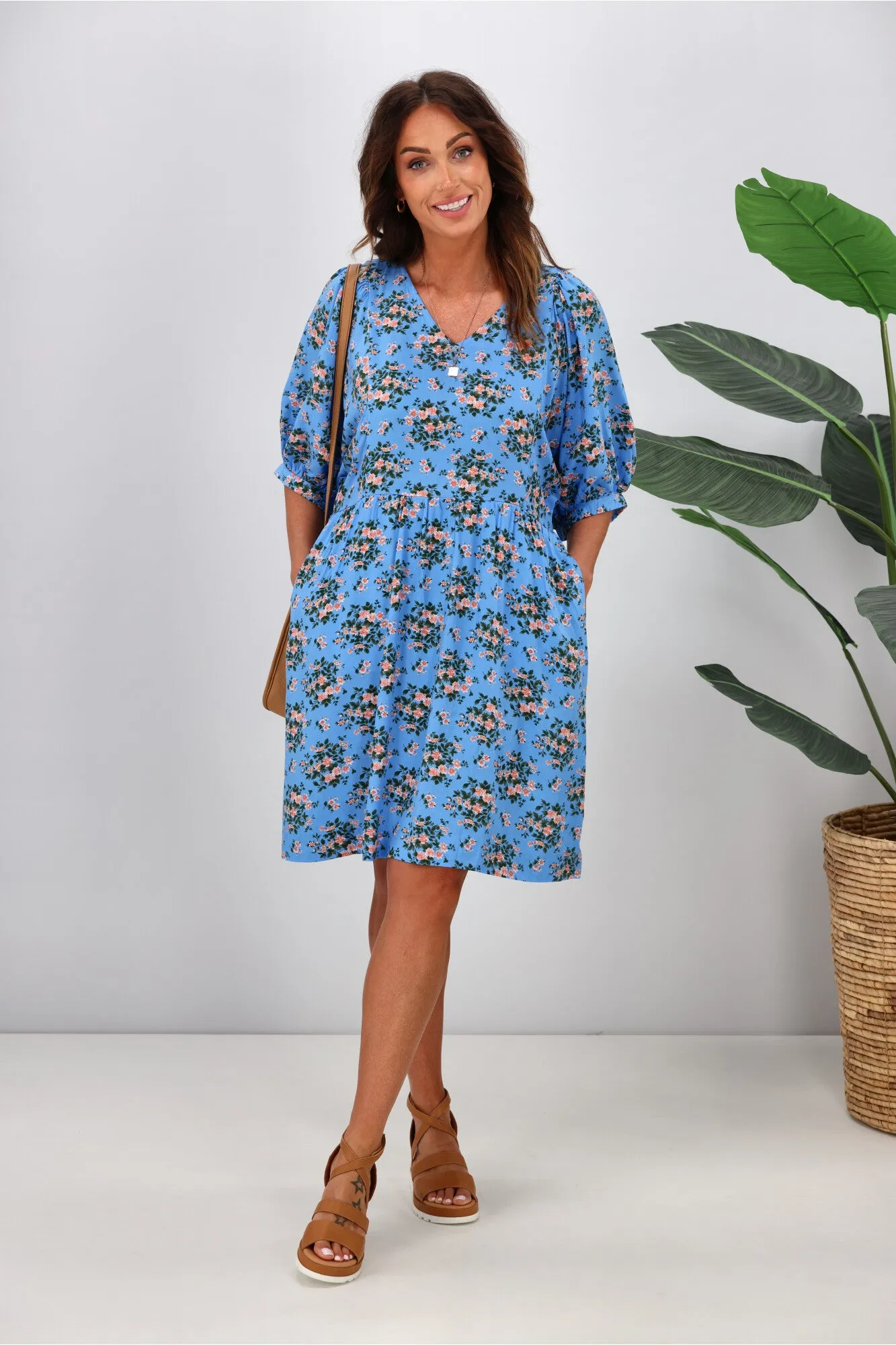 Shine On Label Nova Puff Sleeve Dress Blue Ditsy