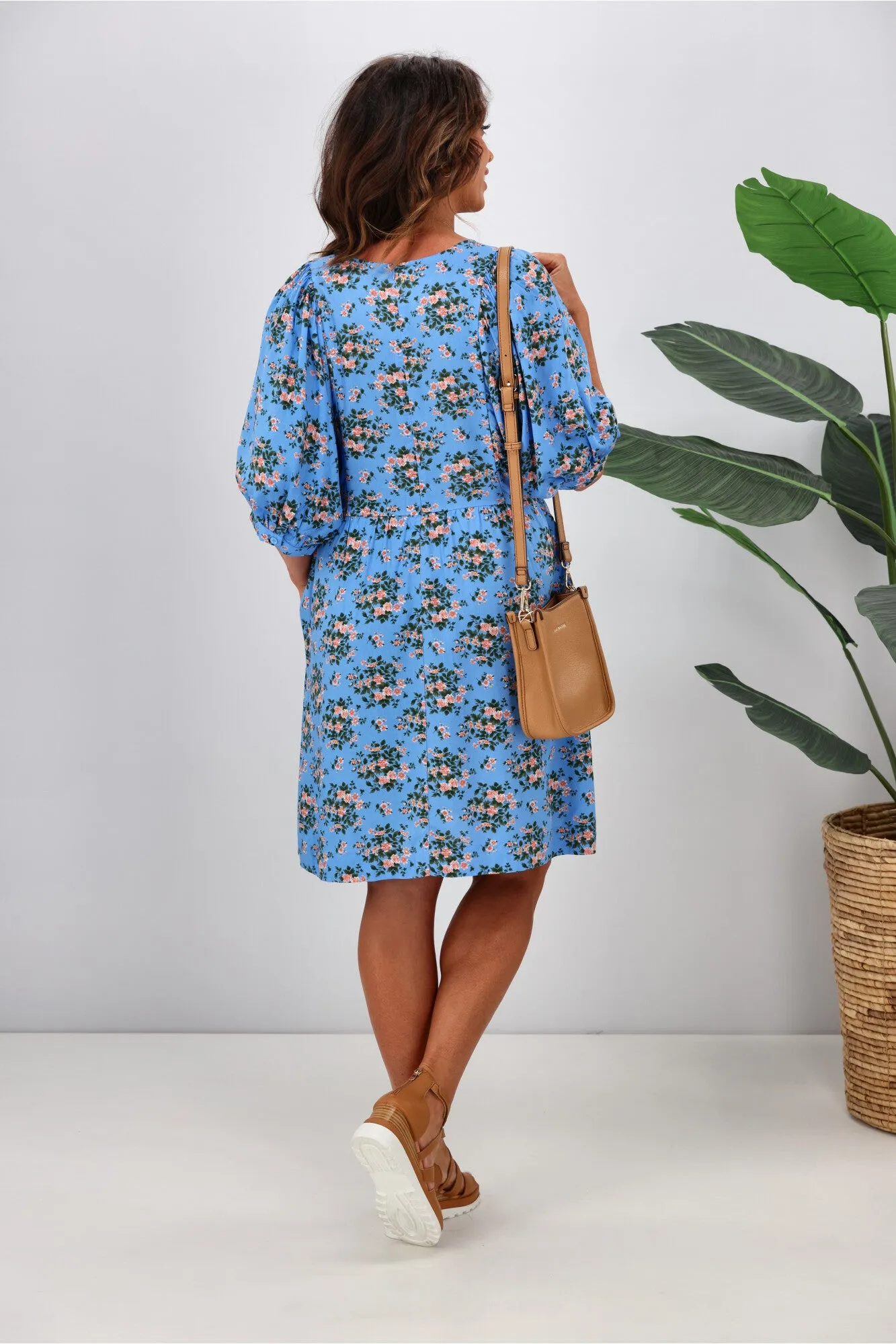 Shine On Label Nova Puff Sleeve Dress Blue Ditsy