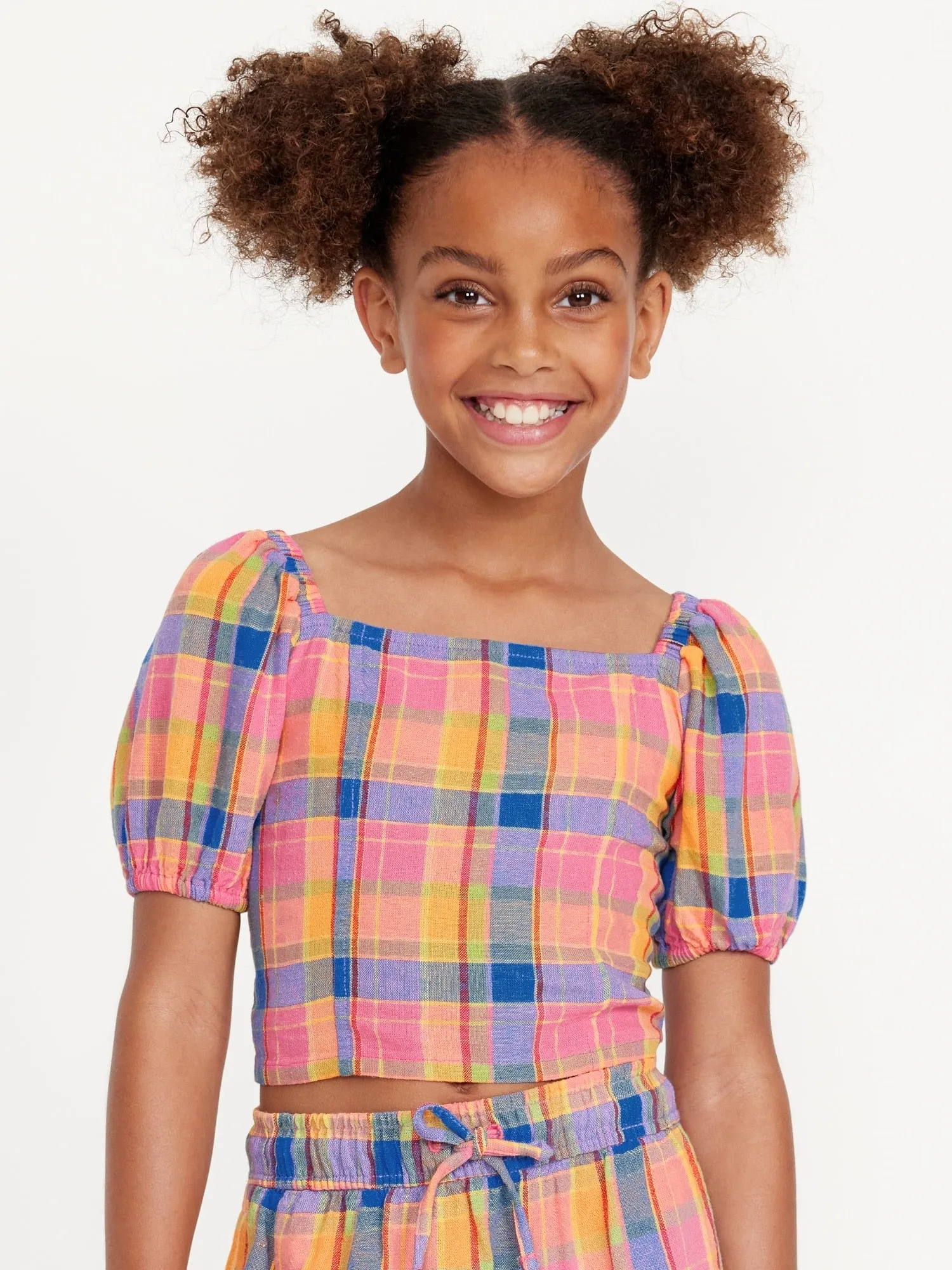 Short Puff-Sleeve Linen-Blend Top for Girls
