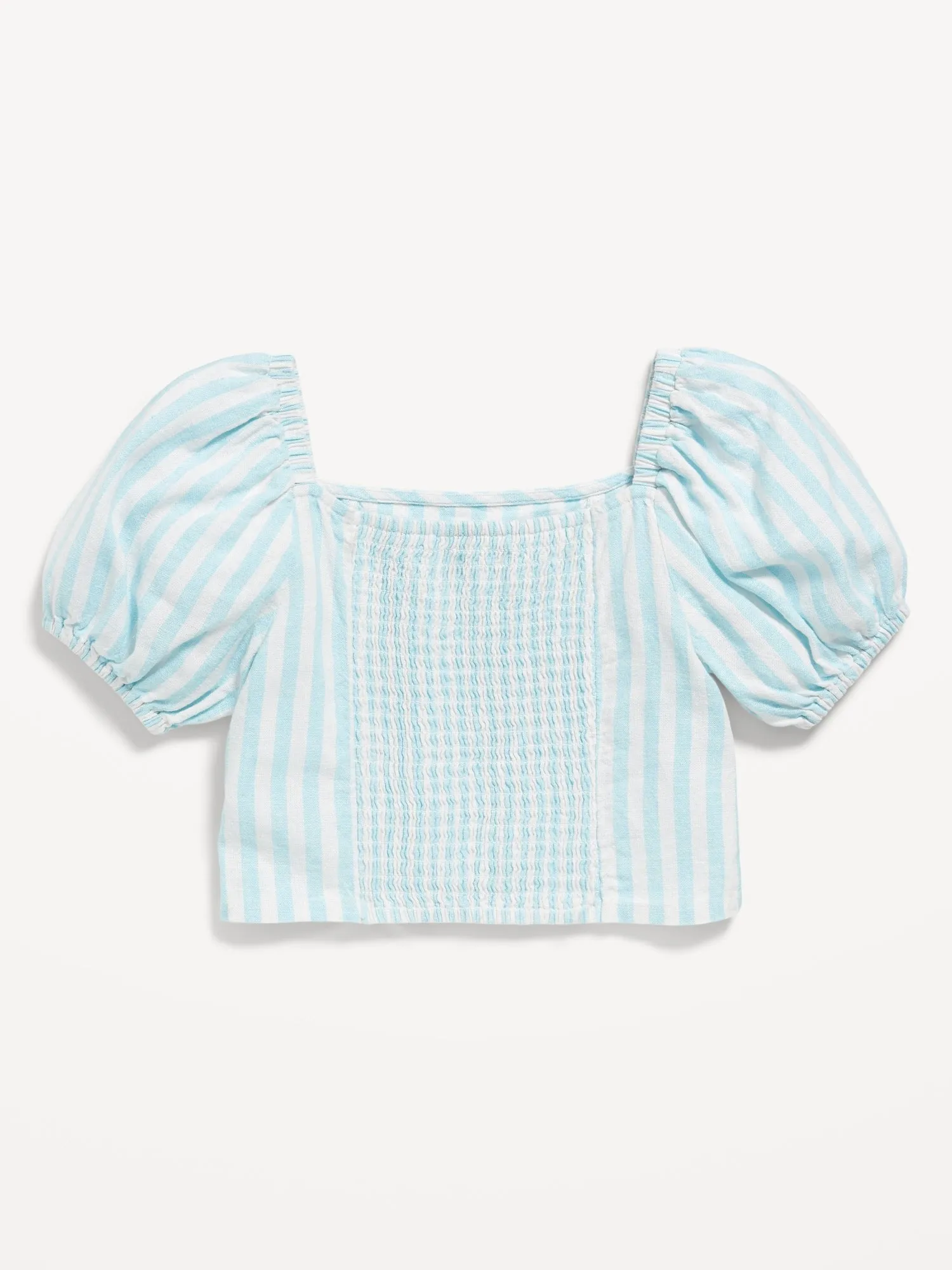 Short Puff-Sleeve Linen-Blend Top for Girls