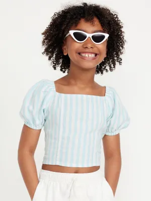 Short Puff-Sleeve Linen-Blend Top for Girls