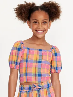 Short Puff-Sleeve Linen-Blend Top for Girls