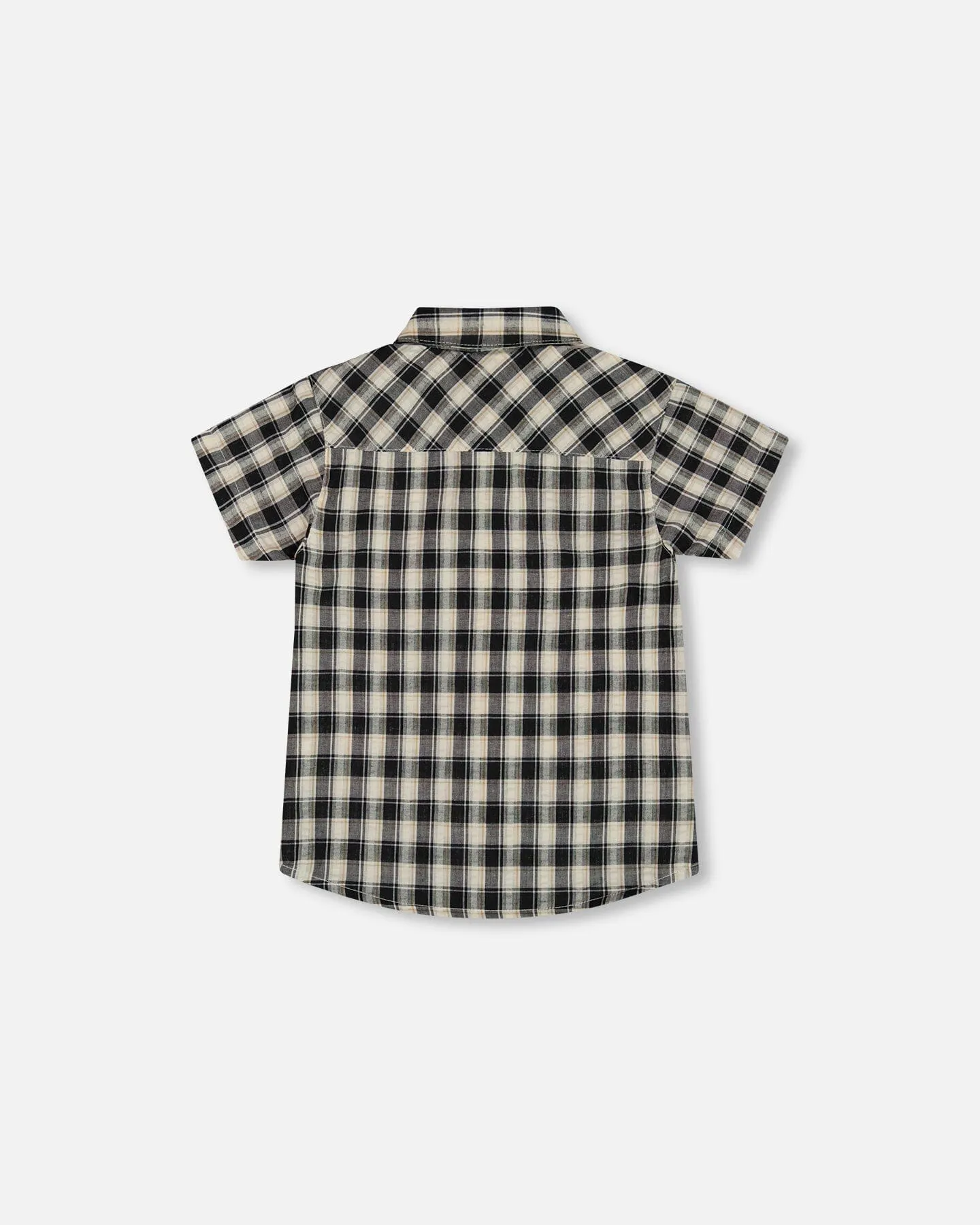 Short Sleeve Button Down Shirt Black And Beige Plaid