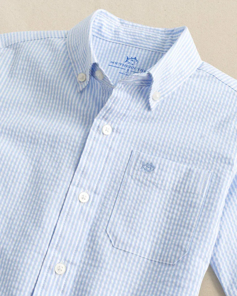 Southern Tide Boys Folly Field Seersucker Short Sleeve Sport Shirt - Ocean Channel