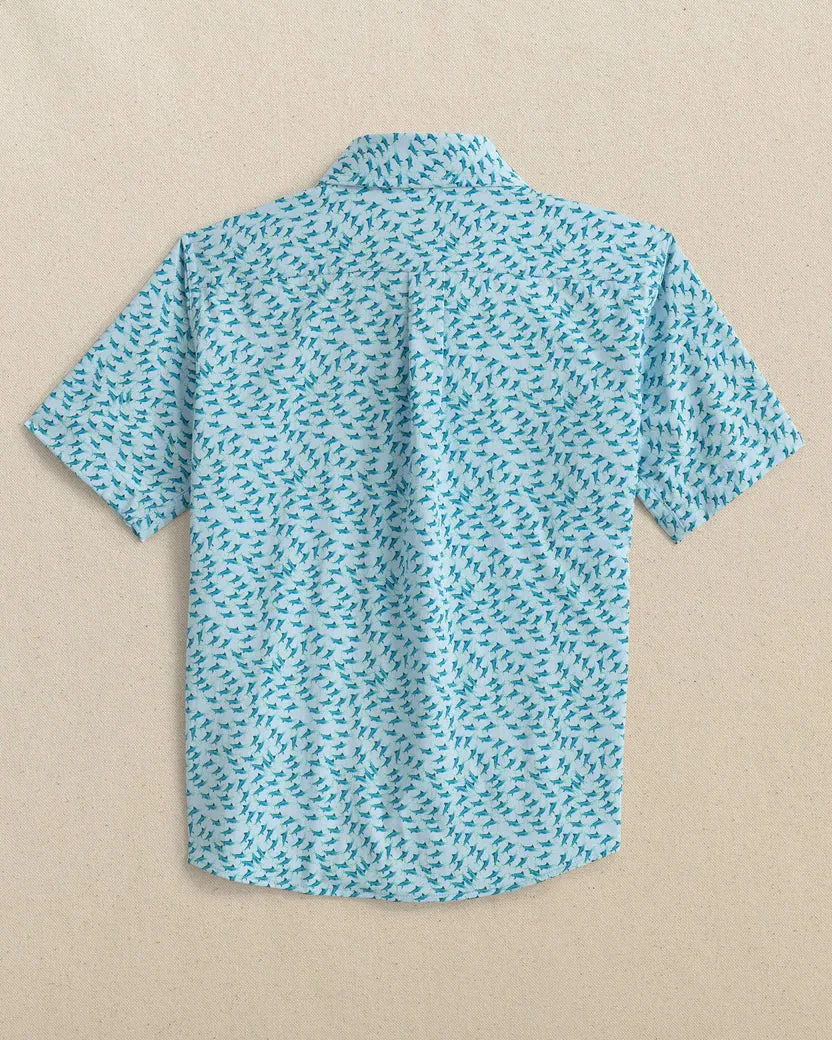 Southern Tide Boys Intercoastal Fintastic Short Sleeve Sport Shirt - Cerulean