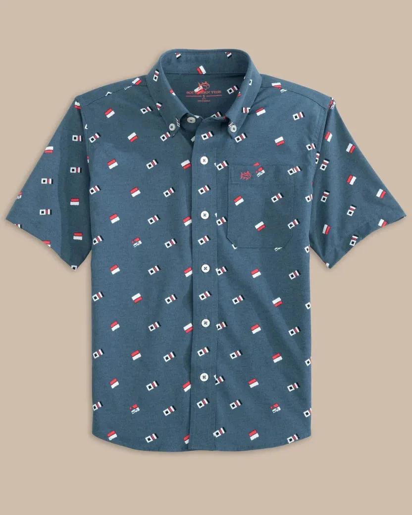 Southern Tide Boys Keep It Nautical Heather Intercoastal Short Sleeve Sport Shirt - Heather Aged Denim