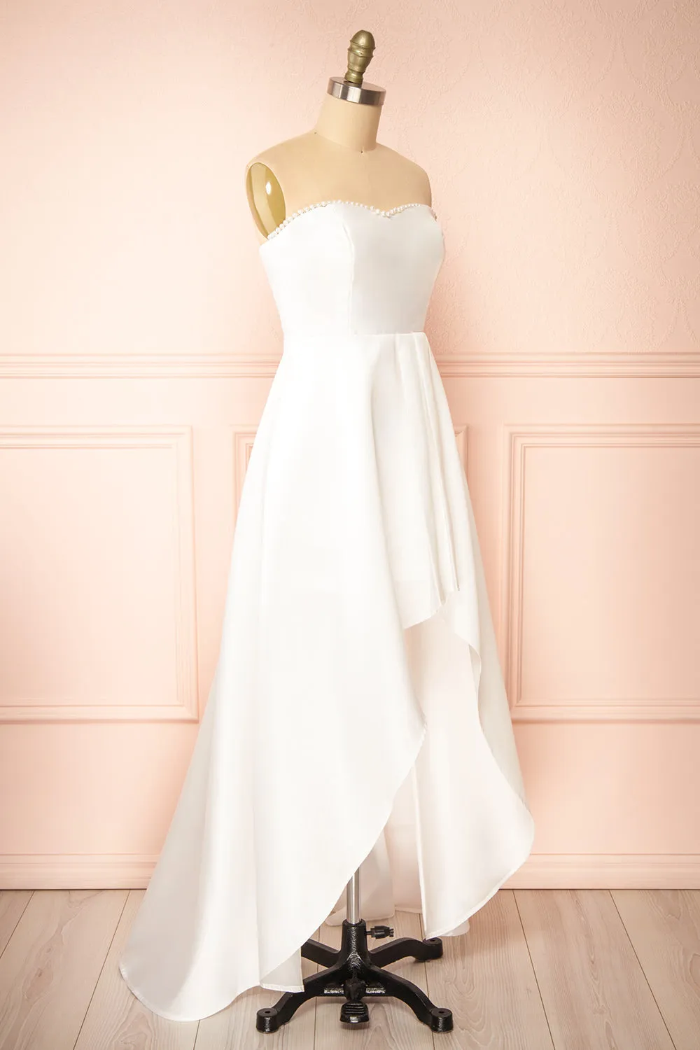 Stefany | White High-Low Dress w/ Pearls