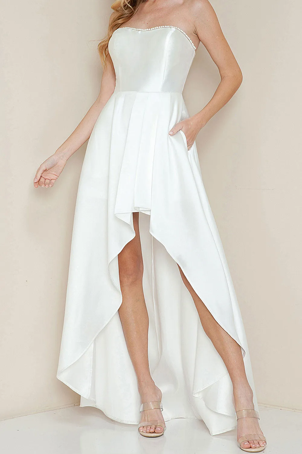Stefany | White High-Low Dress w/ Pearls