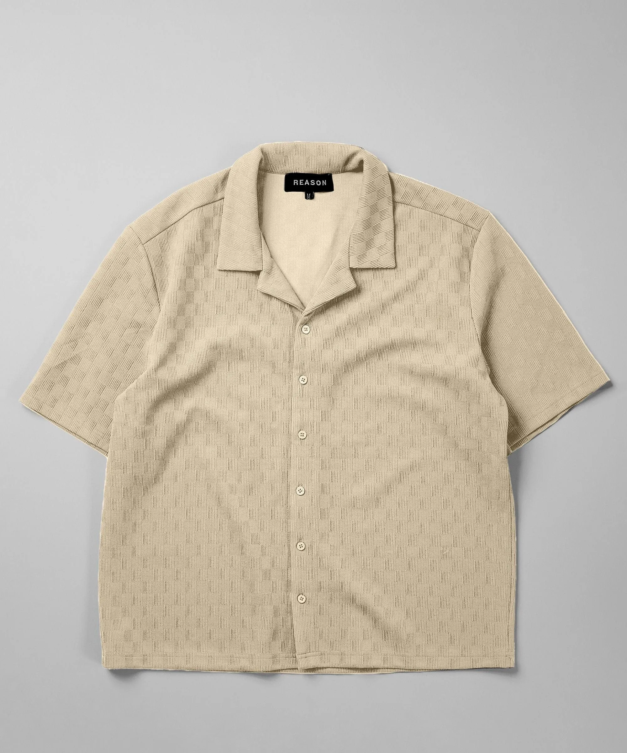 Textured Knit Short Sleeve Button Down Shirt - Beige