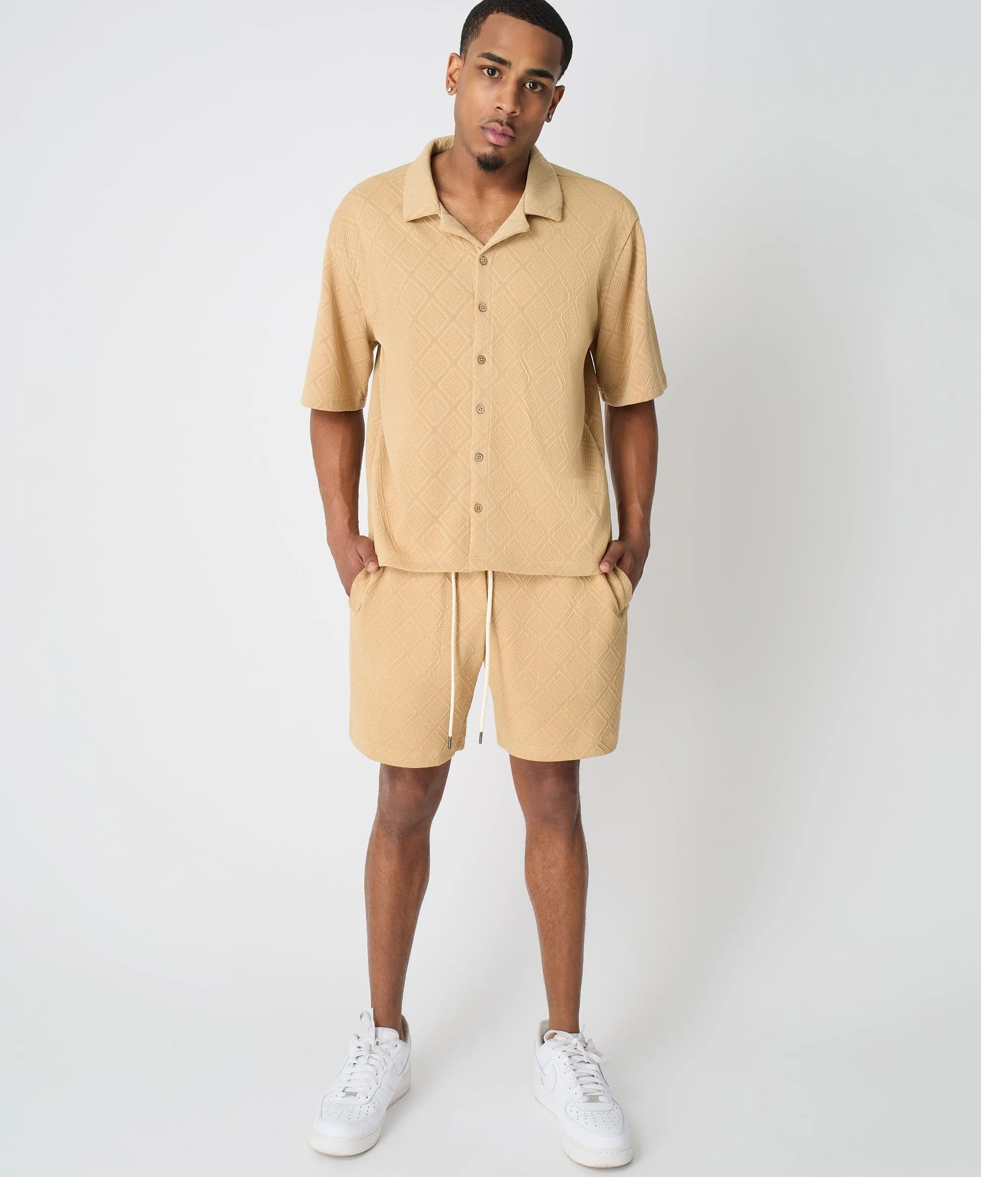 Textured Knit Short Sleeve Button Down Shirt - Taupe