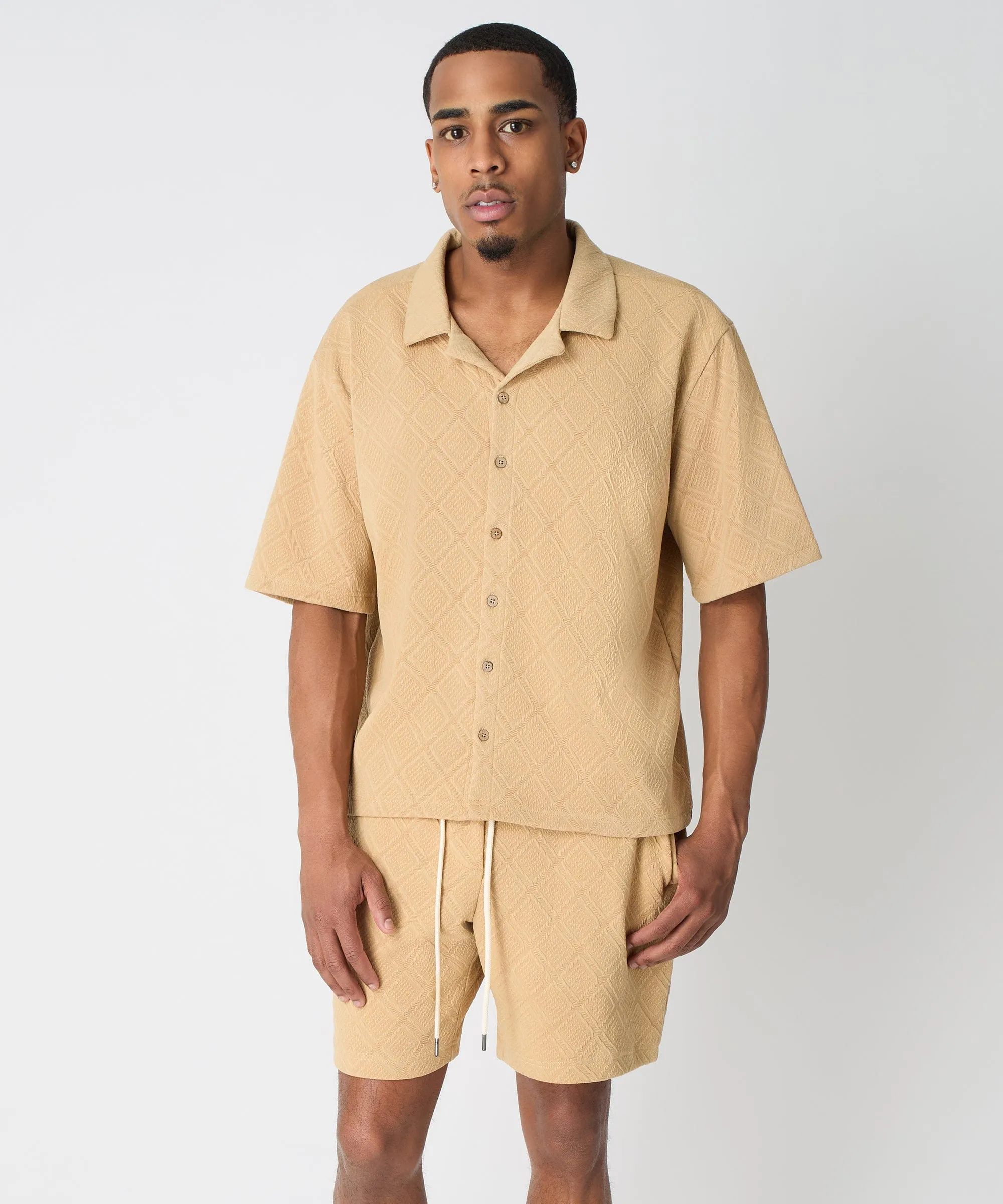 Textured Knit Short Sleeve Button Down Shirt - Taupe