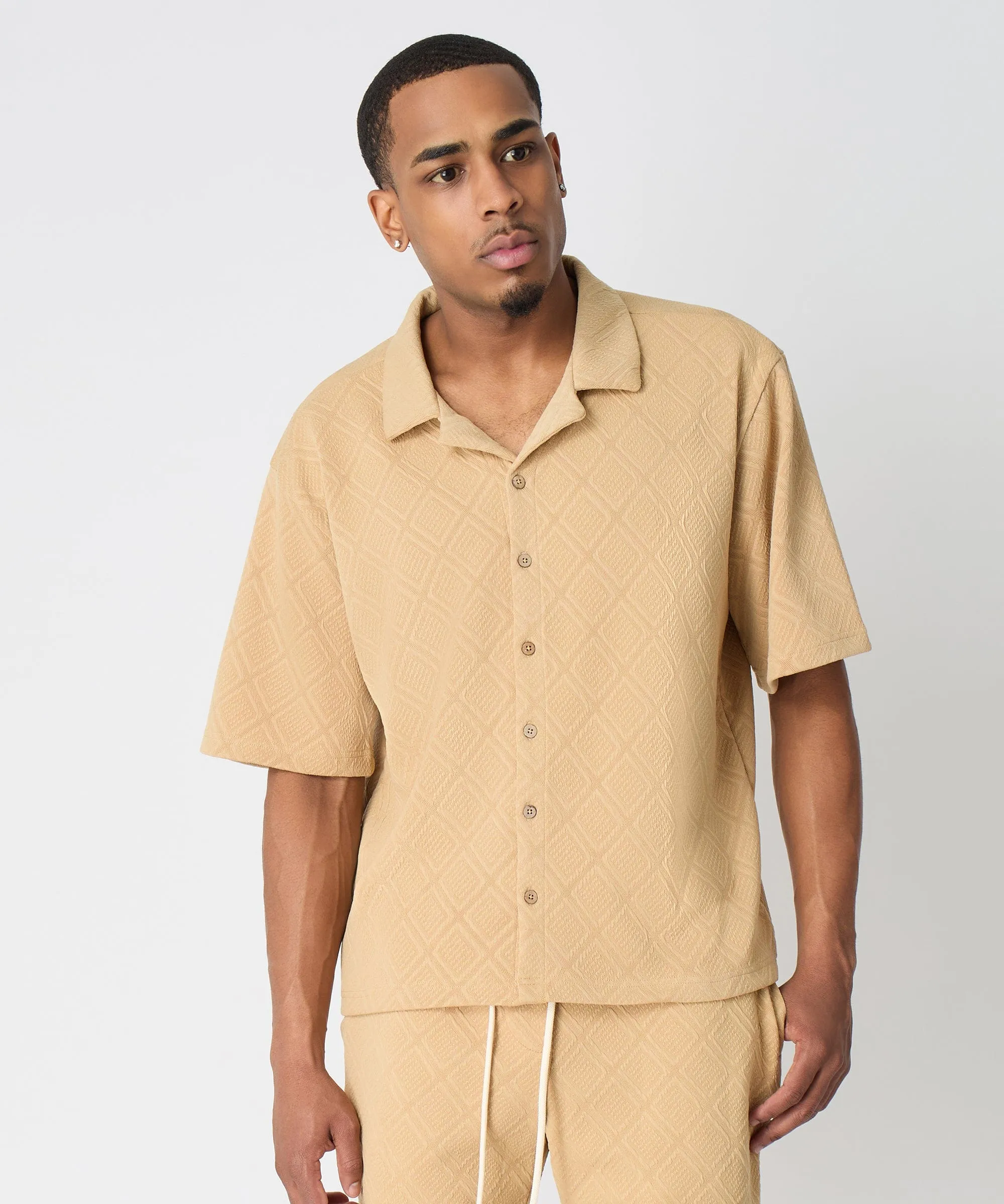 Textured Knit Short Sleeve Button Down Shirt - Taupe