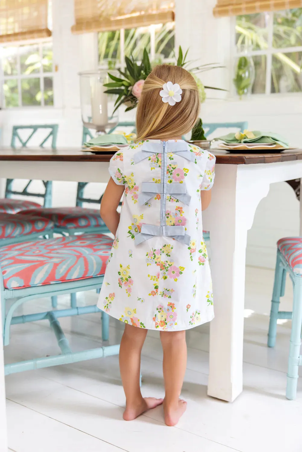 The Beaufort Bonnet Company Girl's Bett's Bow Dress - Biltmore Blooms With Buckhead Blue