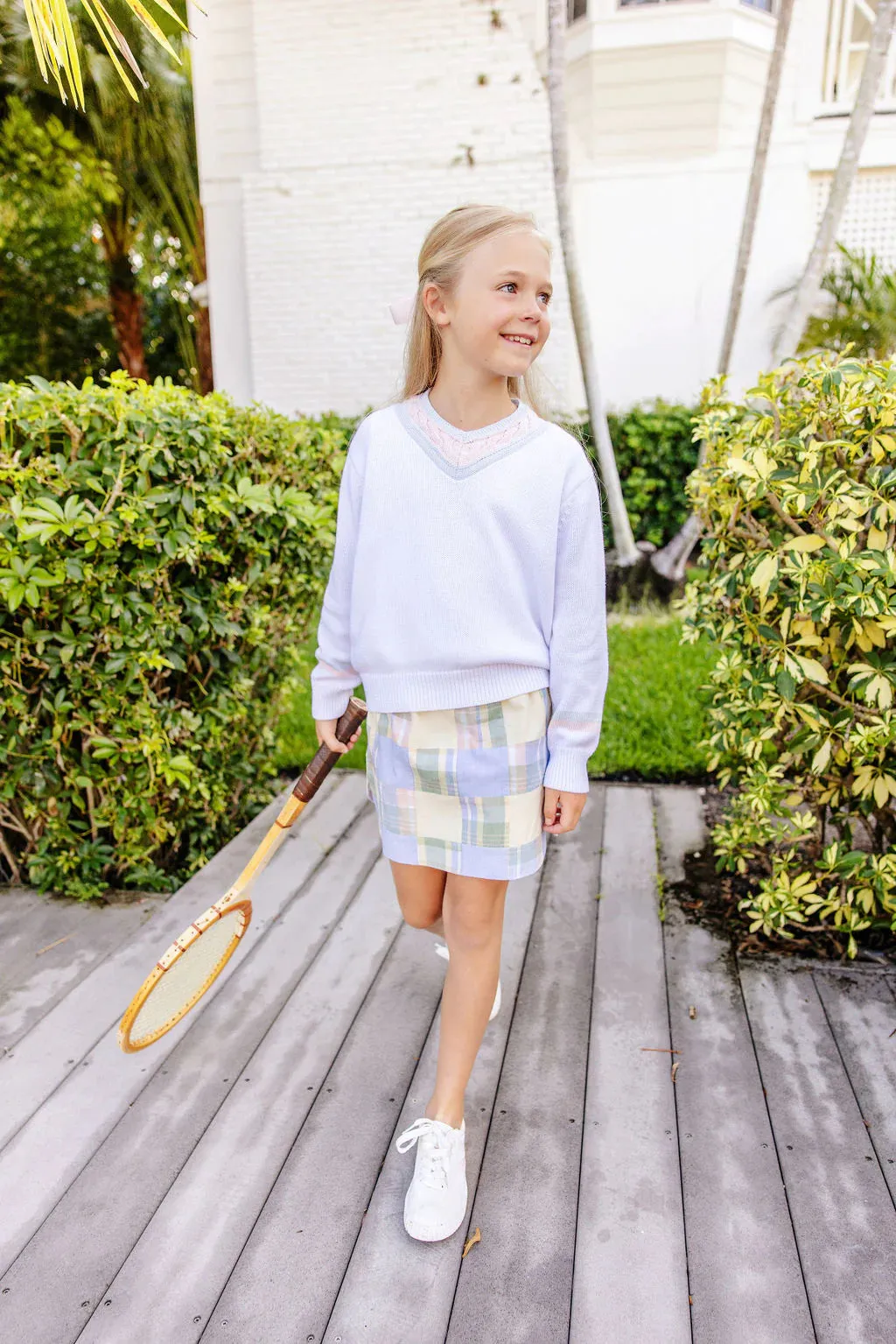 The Beaufort Bonnet Company Girl's Vivie June V-Neck Sweater - Worth Avenue White With Buckhead Blue & Palm Beach Pink