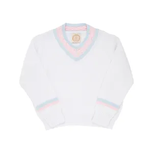The Beaufort Bonnet Company Girl's Vivie June V-Neck Sweater - Worth Avenue White With Buckhead Blue & Palm Beach Pink