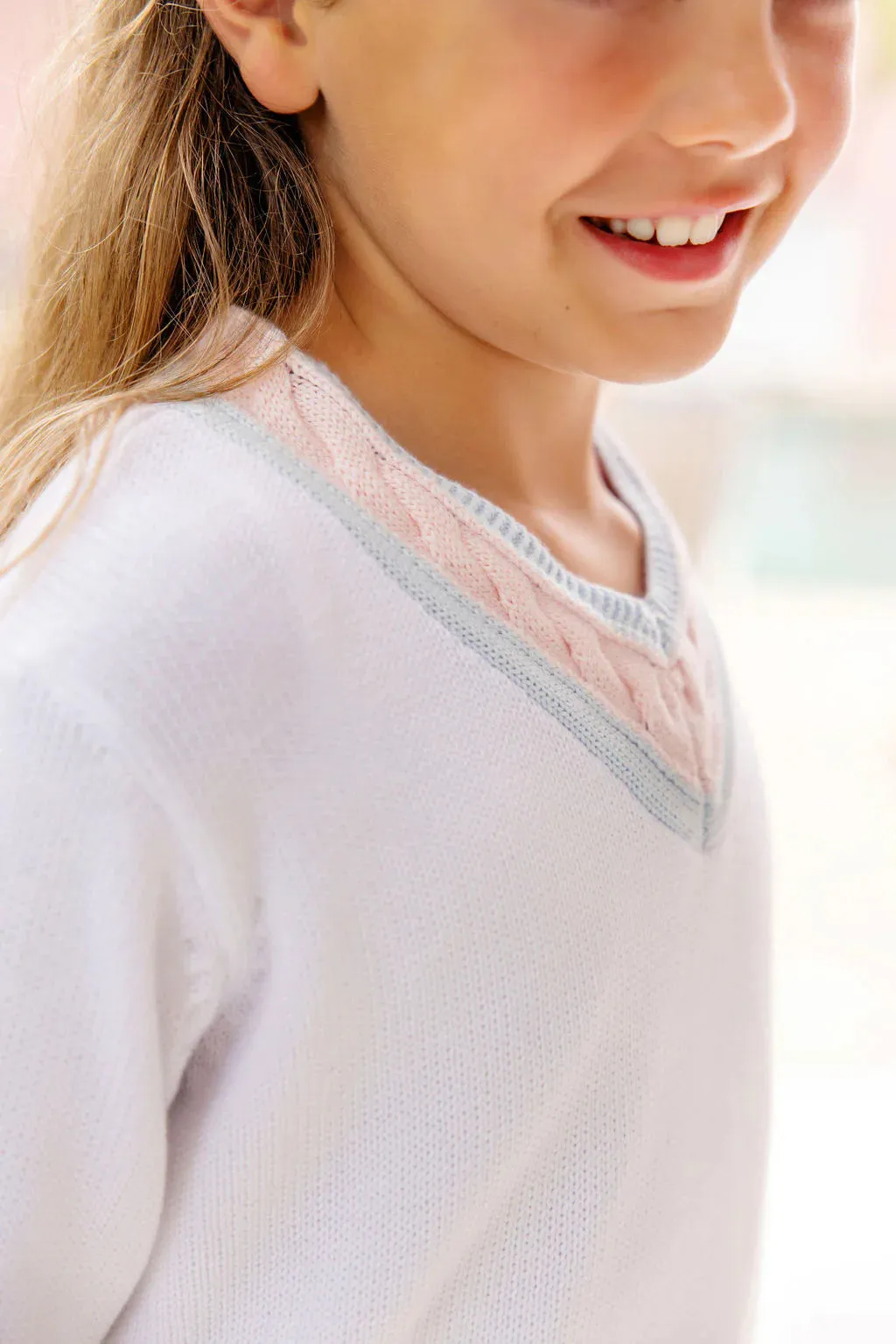 The Beaufort Bonnet Company Girl's Vivie June V-Neck Sweater - Worth Avenue White With Buckhead Blue & Palm Beach Pink