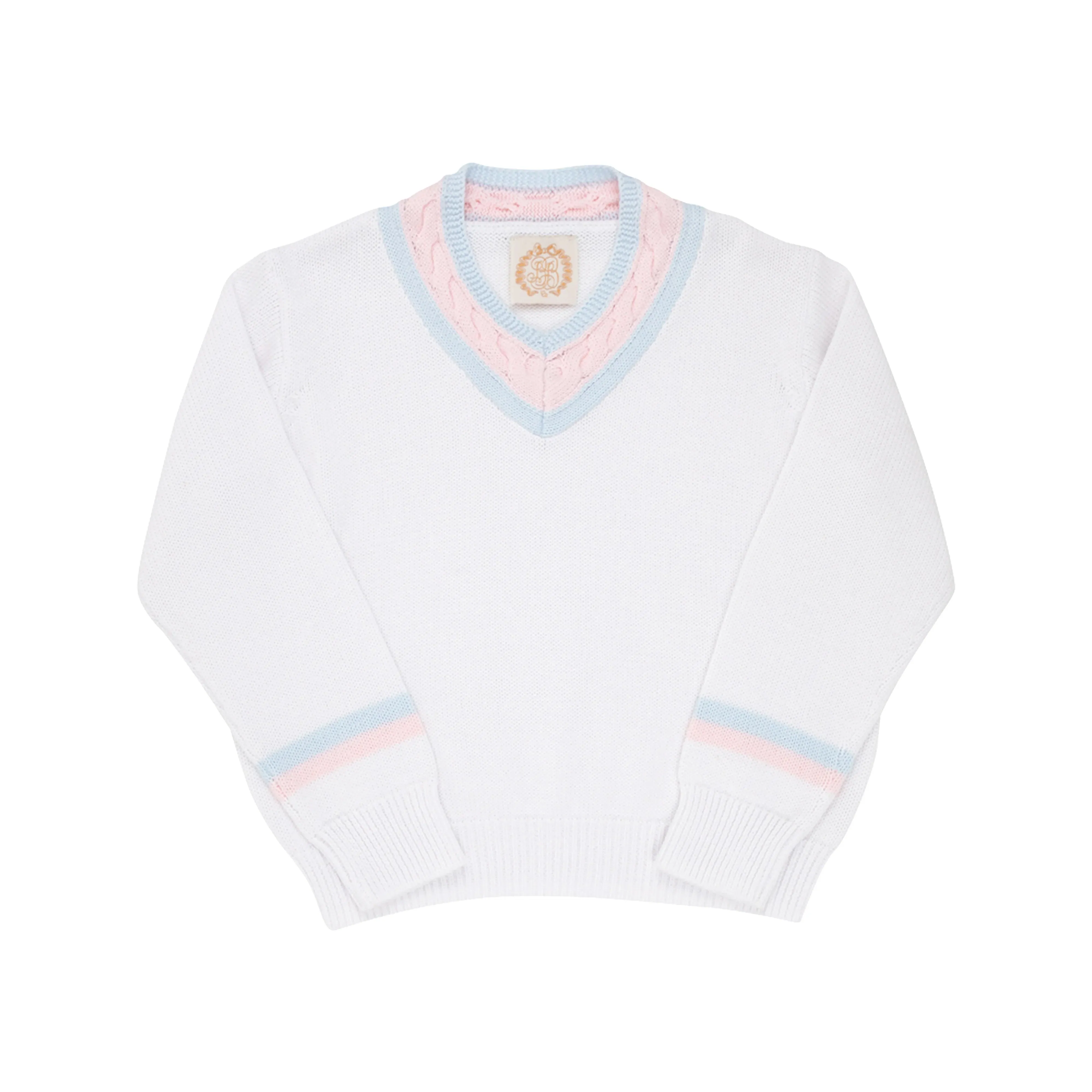 The Beaufort Bonnet Company Girl's Vivie June V-Neck Sweater - Worth Avenue White With Buckhead Blue & Palm Beach Pink