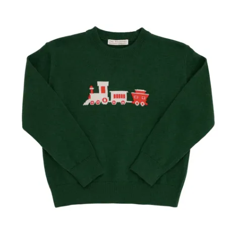 The Beaufort Bonnet Company Isaac's Intarsia Sweater - Grier Green with Train Intarsia