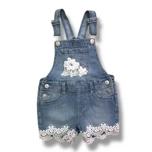 Toddler Girl Size 3T Lace Trimmed Jean Shortall Floral Accent Denim Overalls