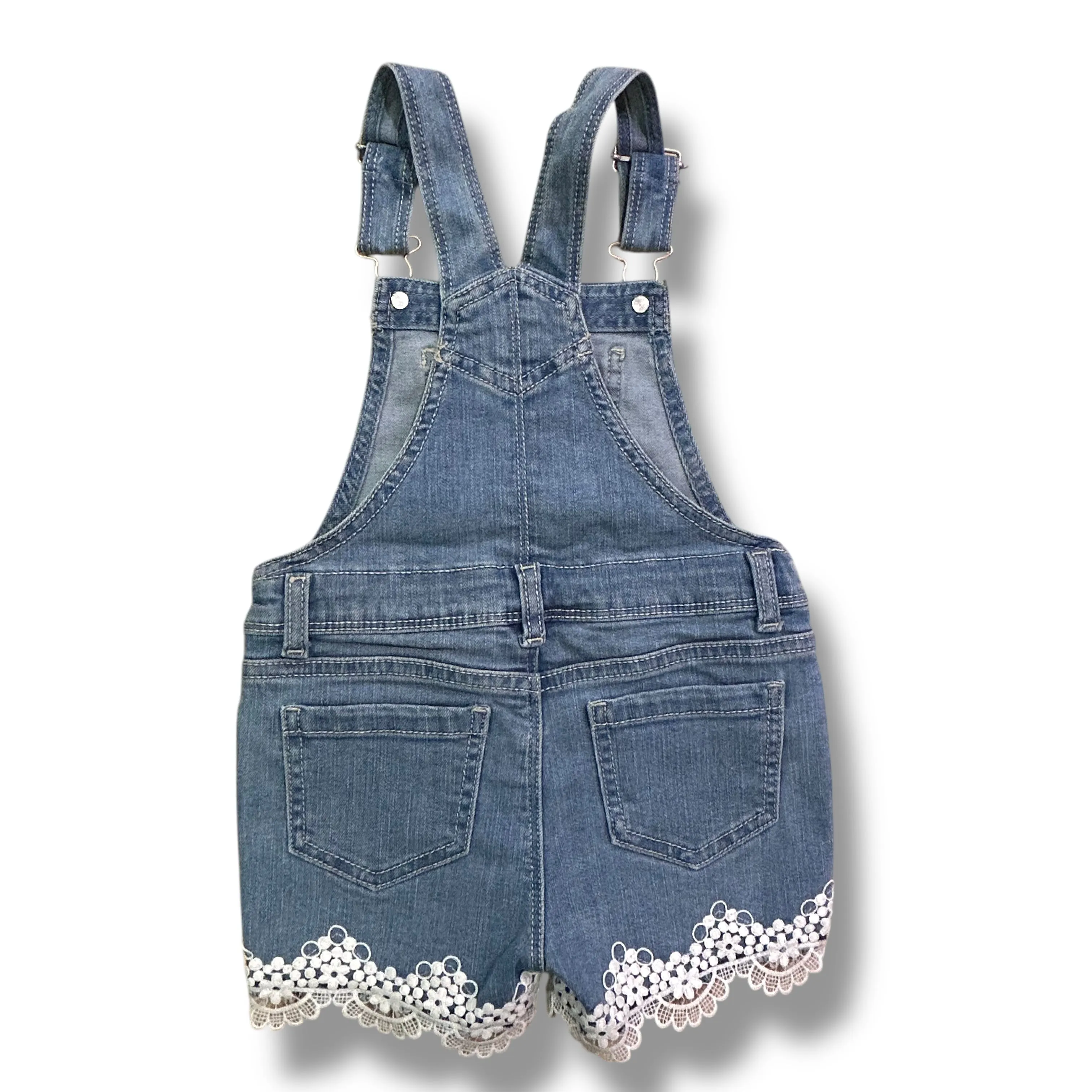 Toddler Girl Size 3T Lace Trimmed Jean Shortall Floral Accent Denim Overalls