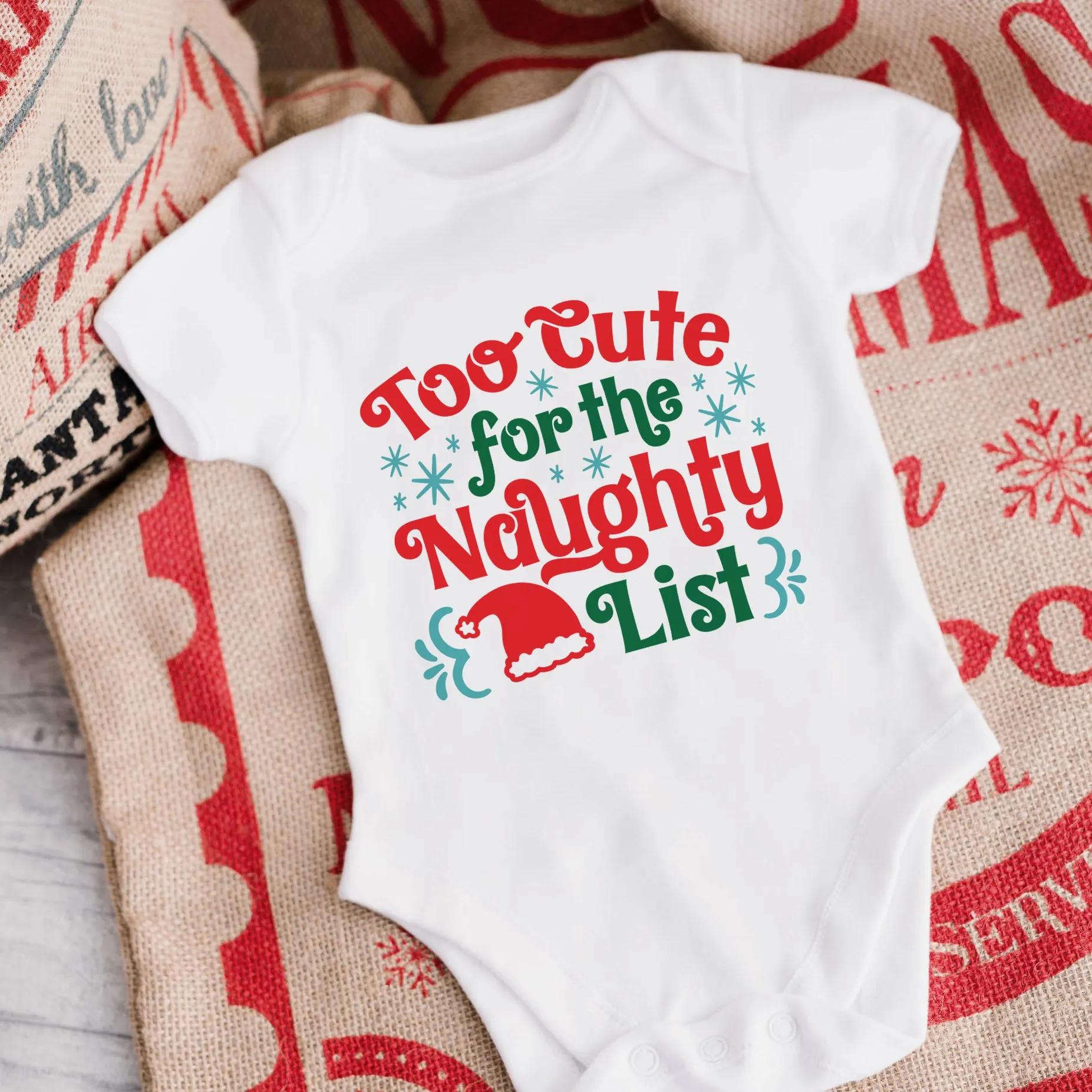 Too Cute For The Naughty List White Christmas Baby Vest