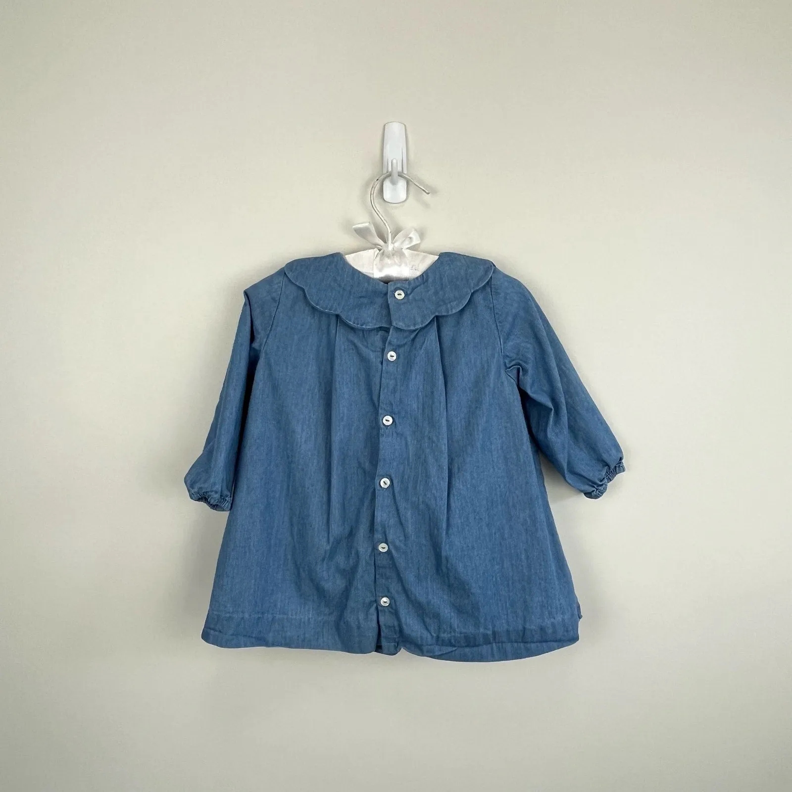 Trending Now Jacadi Paris Long Sleeve Scallop Collar Chambray Dress 12 Months 74 cm  Limited Release!