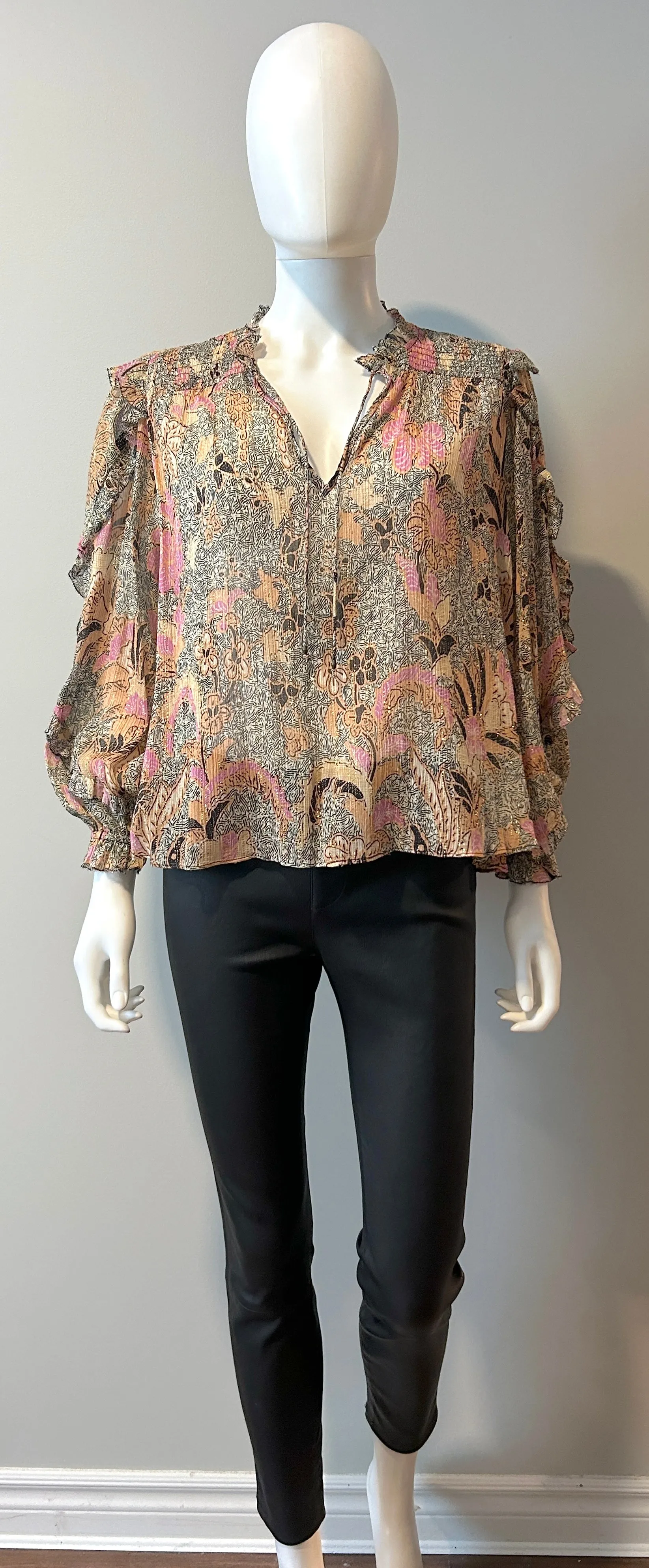 Ulla Johnson Pink and Black Floral Lurex ruffle blouse Size 2