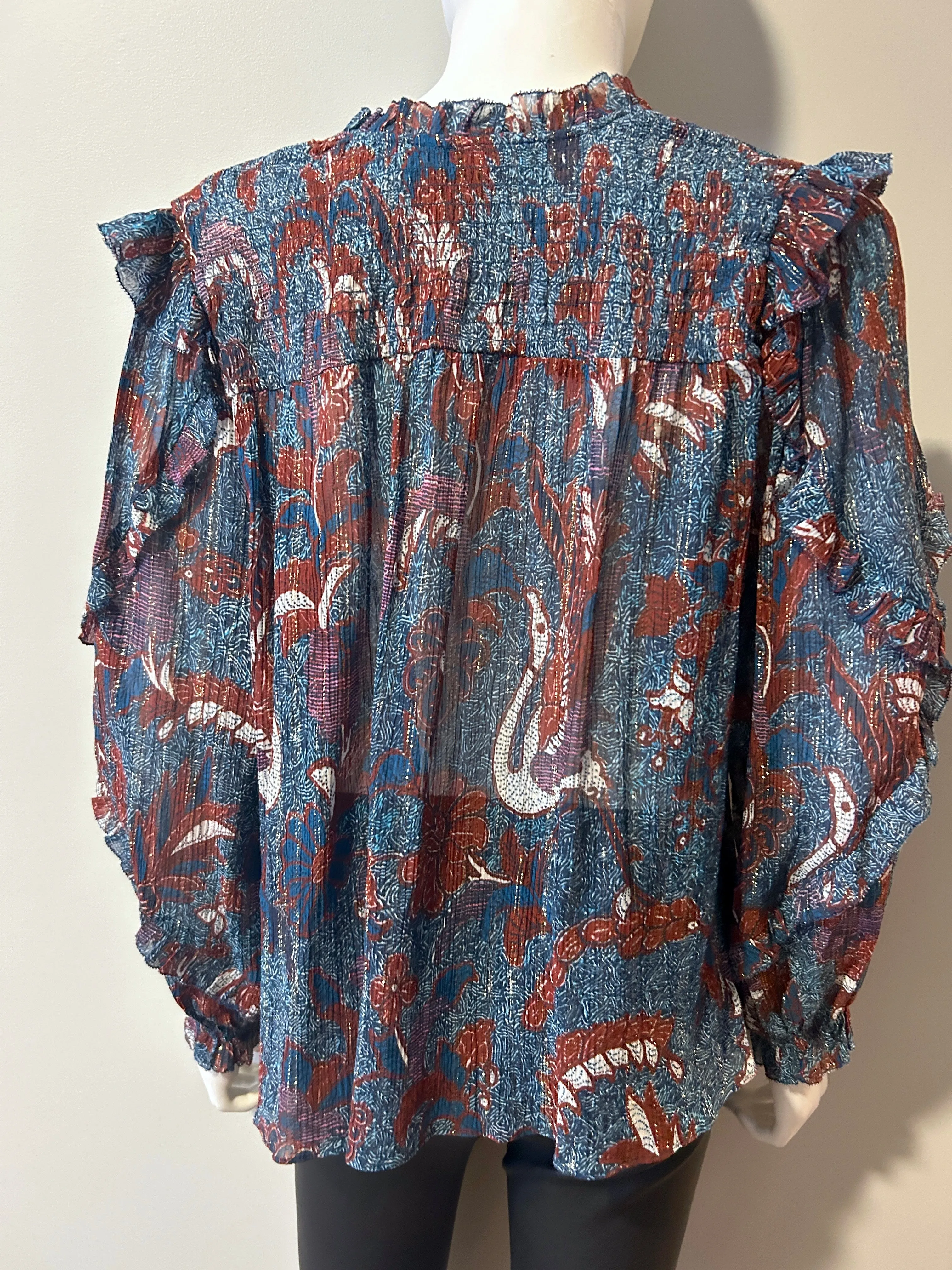 Ulla Johnson Red and Teal Floral Lurex ruffle blouse Size 2