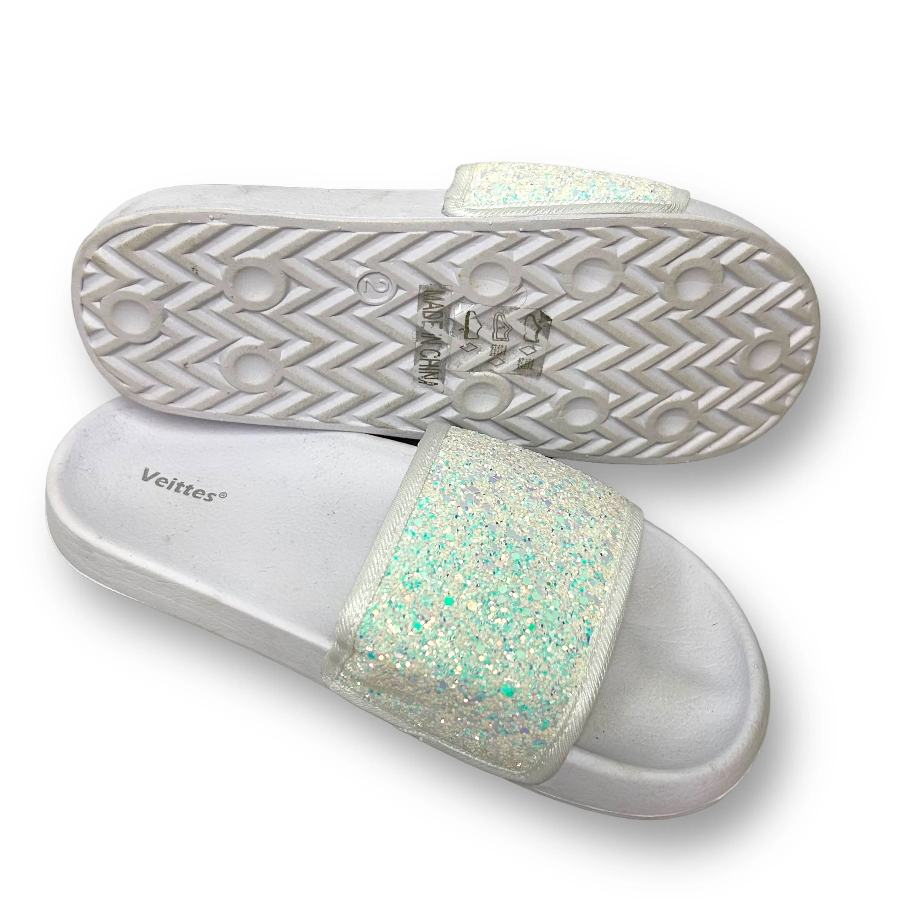 Veittes Youth Girl Size 2 White Sparkle Slides