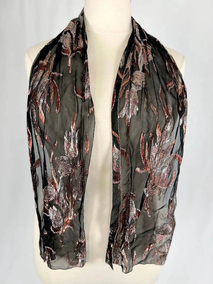 Vintage Black & Pink Metallic Floral Scarf