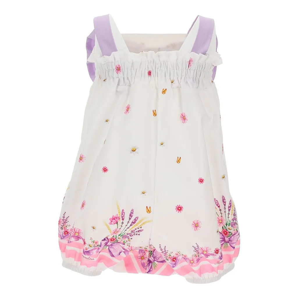 White Floral Romper & Lilac Bow