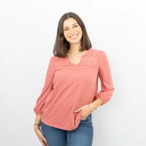Womens T-Shirt Red Long Sleeve Cotton Relaxed Summer Blouse Casual Work Soft