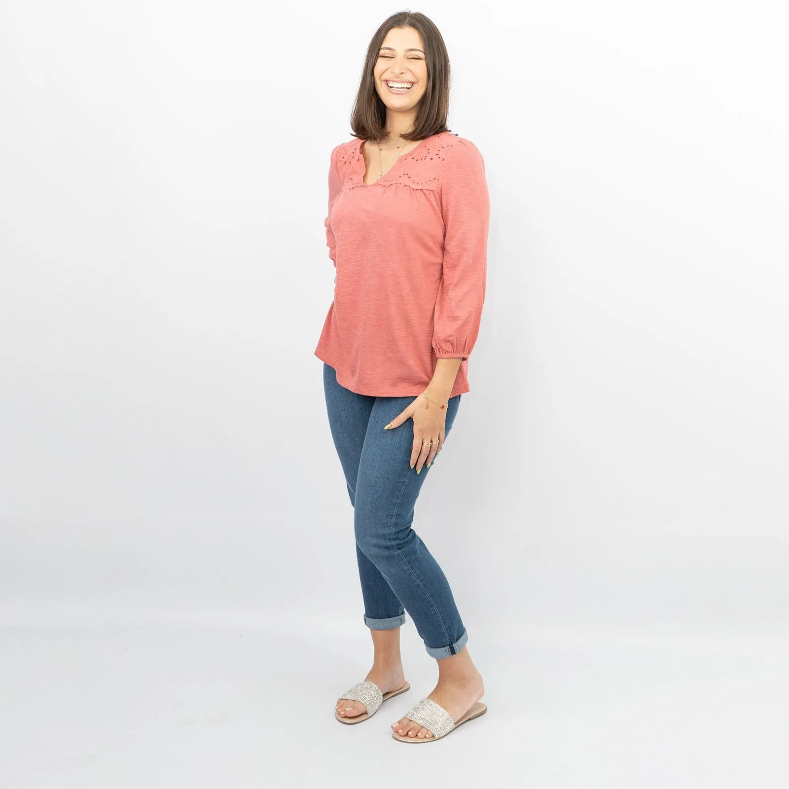 Womens T-Shirt Red Long Sleeve Cotton Relaxed Summer Blouse Casual Work Soft