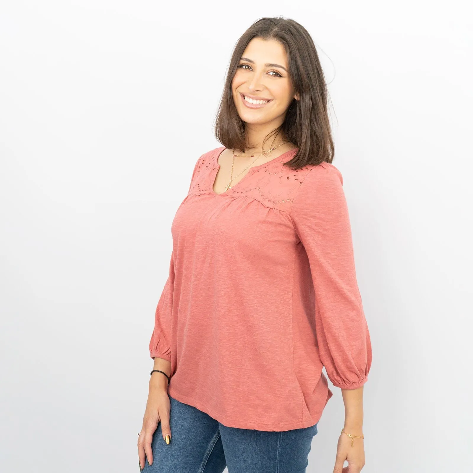 Womens T-Shirt Red Long Sleeve Cotton Relaxed Summer Blouse Casual Work Soft