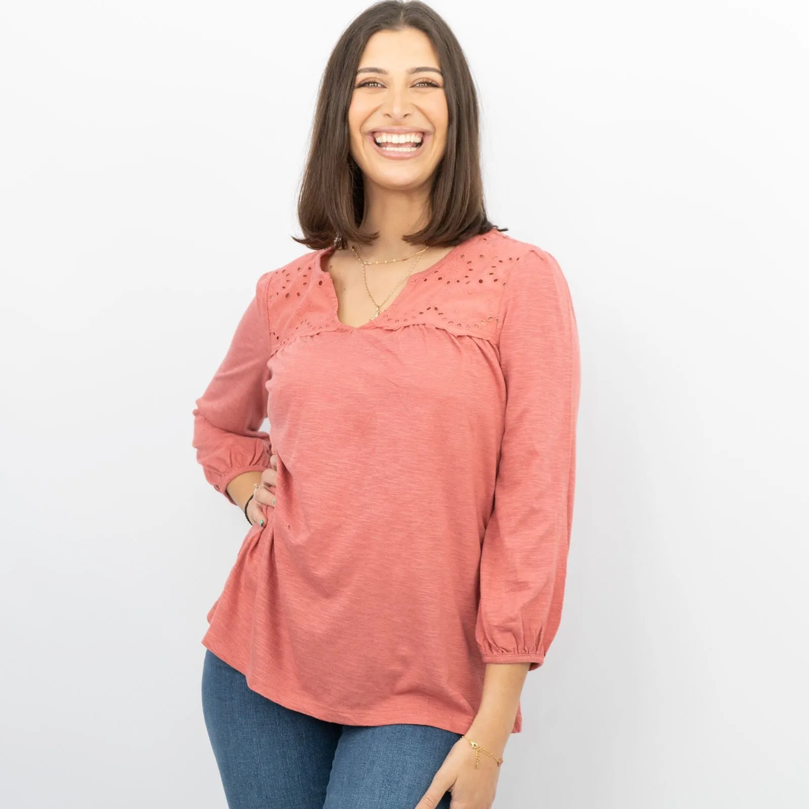 Womens T-Shirt Red Long Sleeve Cotton Relaxed Summer Blouse Casual Work Soft
