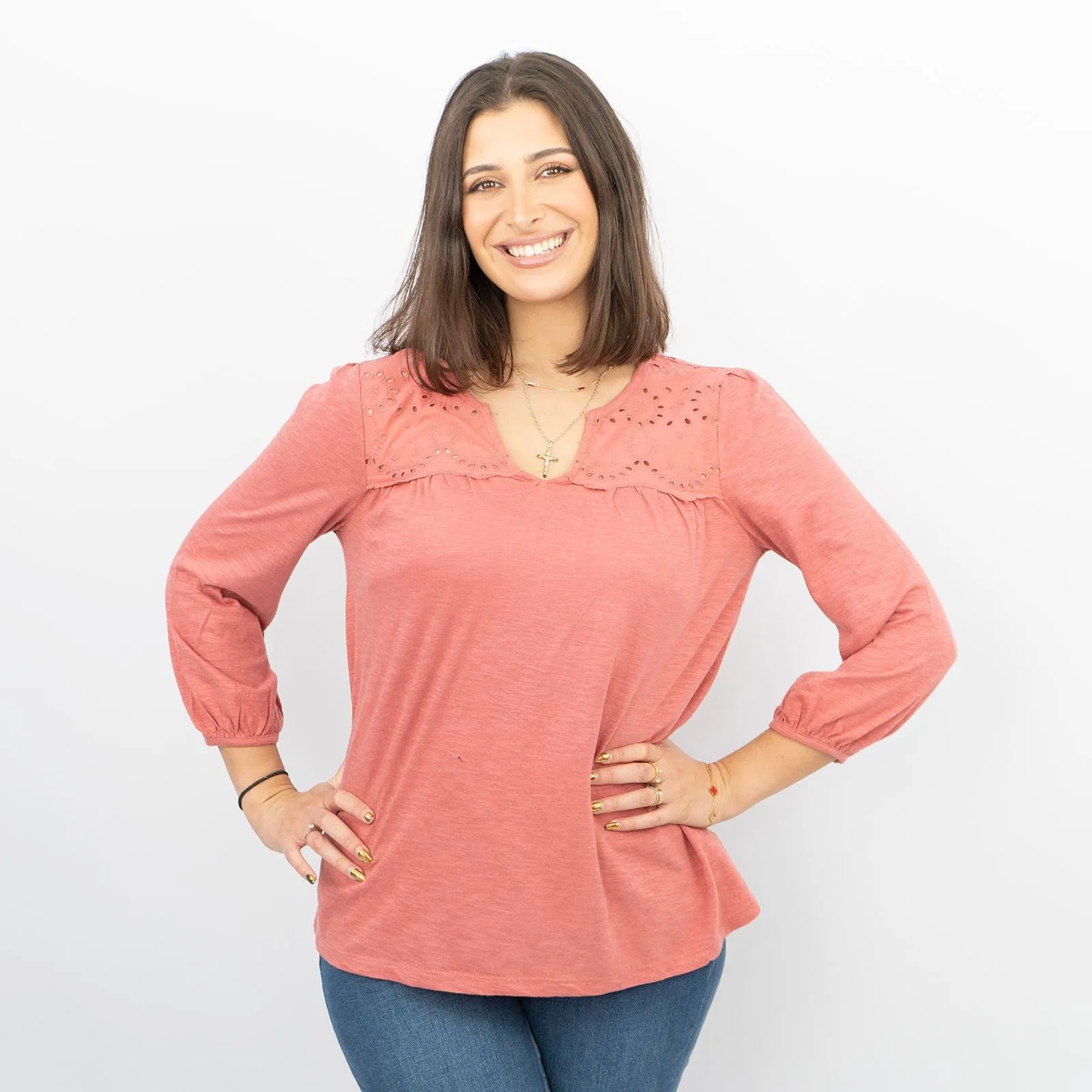 Womens T-Shirt Red Long Sleeve Cotton Relaxed Summer Blouse Casual Work Soft